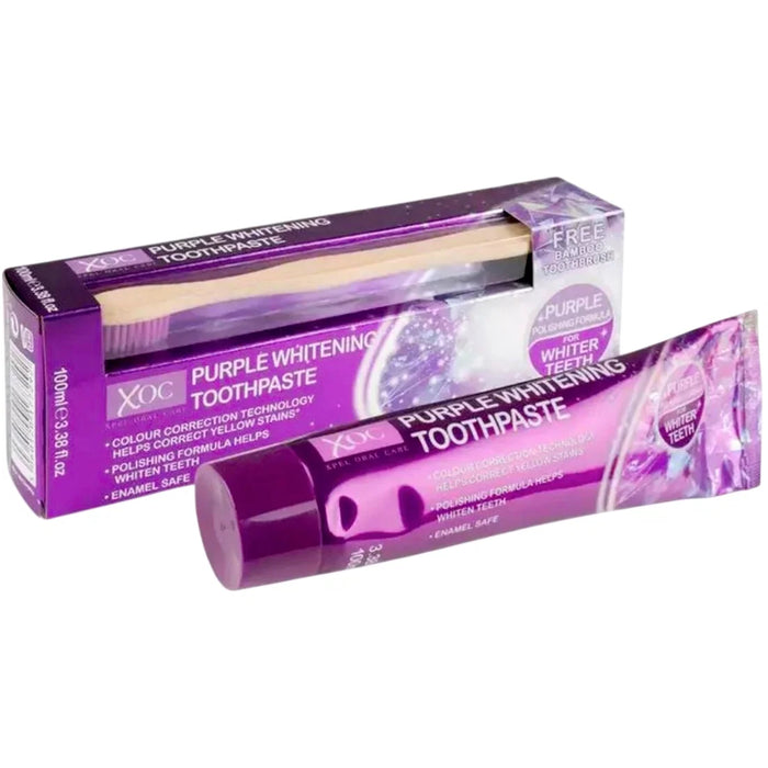 Set pastă de dinți XOC Purple Whitening + periuță de dinți din bambus, 100 g