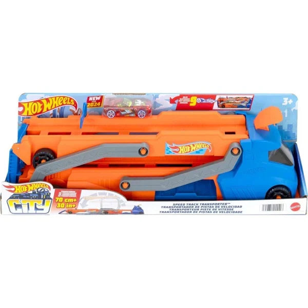 Camion transportor Mattel Hot Wheels City Speed Track Transporter, pistă de peste 70 cm, 3+ ani