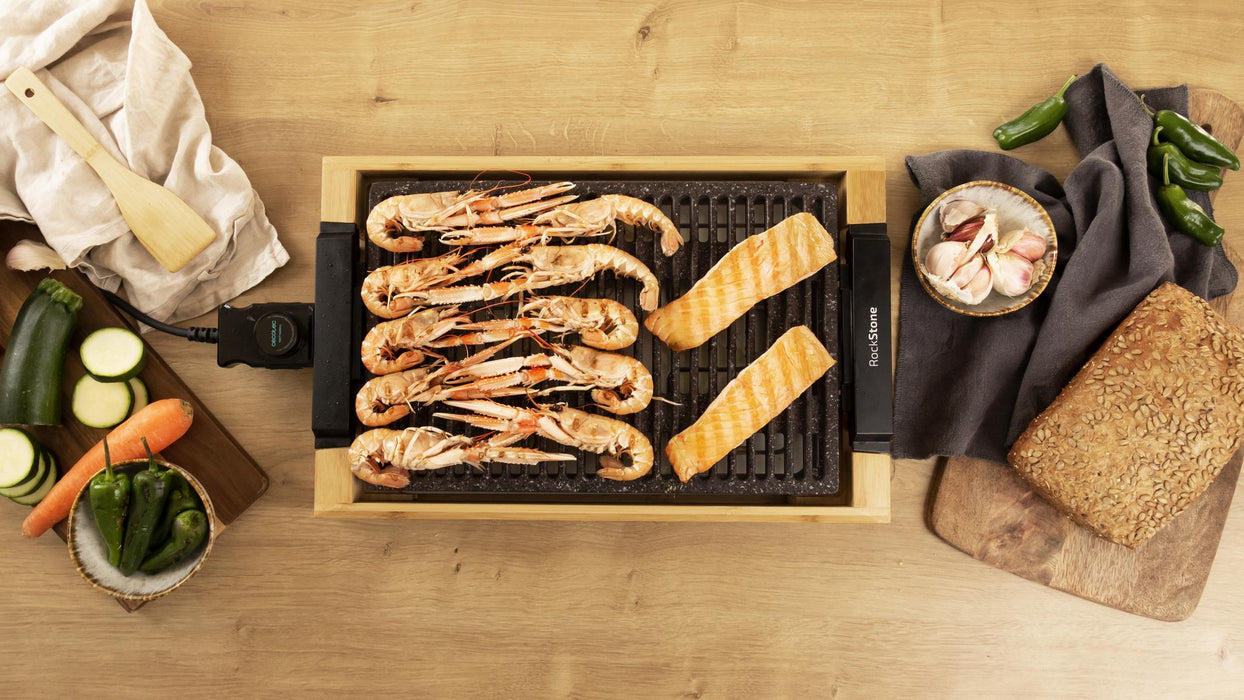 Grătar electric de masă Cecotec Tasty&Grill 2000 Bamboo LineStone, 2000 W, 5 trepte, suprafață 37,5 × 24,5 cm, gri