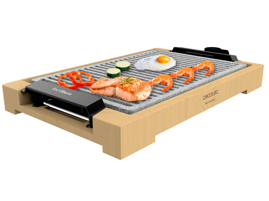 Grătar electric de masă Cecotec Tasty&Grill 2000 Bamboo LineStone, 2000 W, 5 trepte, suprafață 37,5 × 24,5 cm, gri