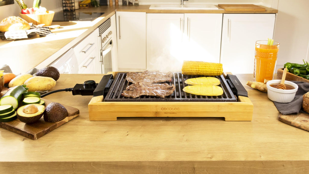 Grătar electric de masă Cecotec Tasty&Grill 2000 Bamboo LineStone, 2000 W, 5 trepte, suprafață 37,5 × 24,5 cm, gri