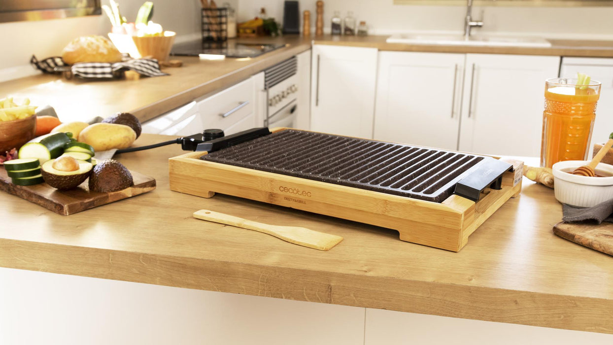 Grătar electric de masă Cecotec Tasty&Grill 2000 Bamboo LineStone, 2000 W, 5 trepte, suprafață 37,5 × 24,5 cm, gri