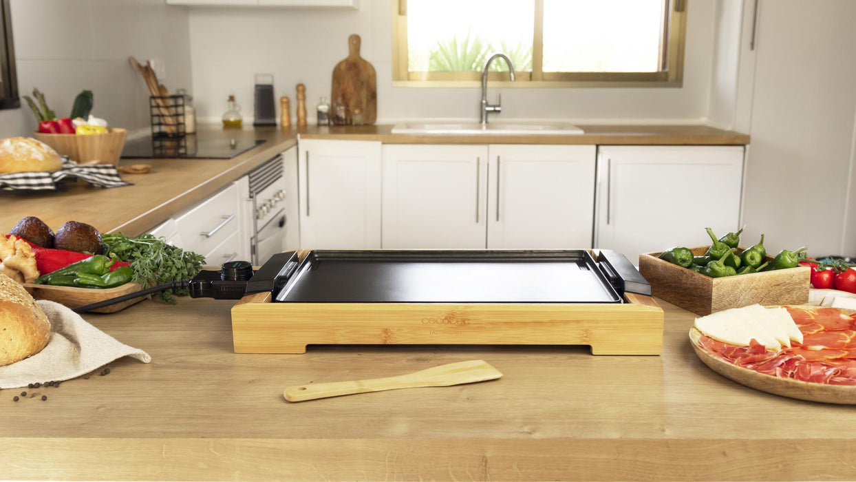 Grătar electric Cecotec Tasty&Grill 2000 Bamboo, 2000 W, 5 trepte, suprafață 37,5 × 24,5 cm, negru