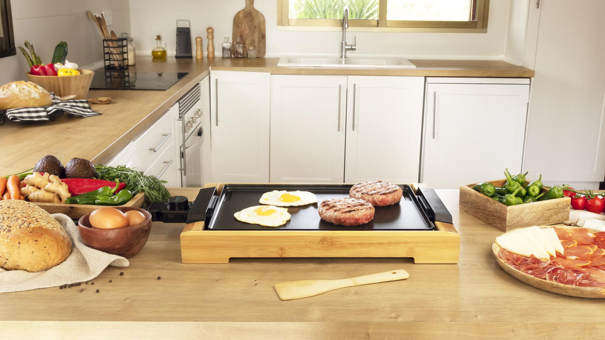 Grătar electric Cecotec Tasty&Grill 2000 Bamboo, 2000 W, 5 trepte, suprafață 37,5 × 24,5 cm, negru