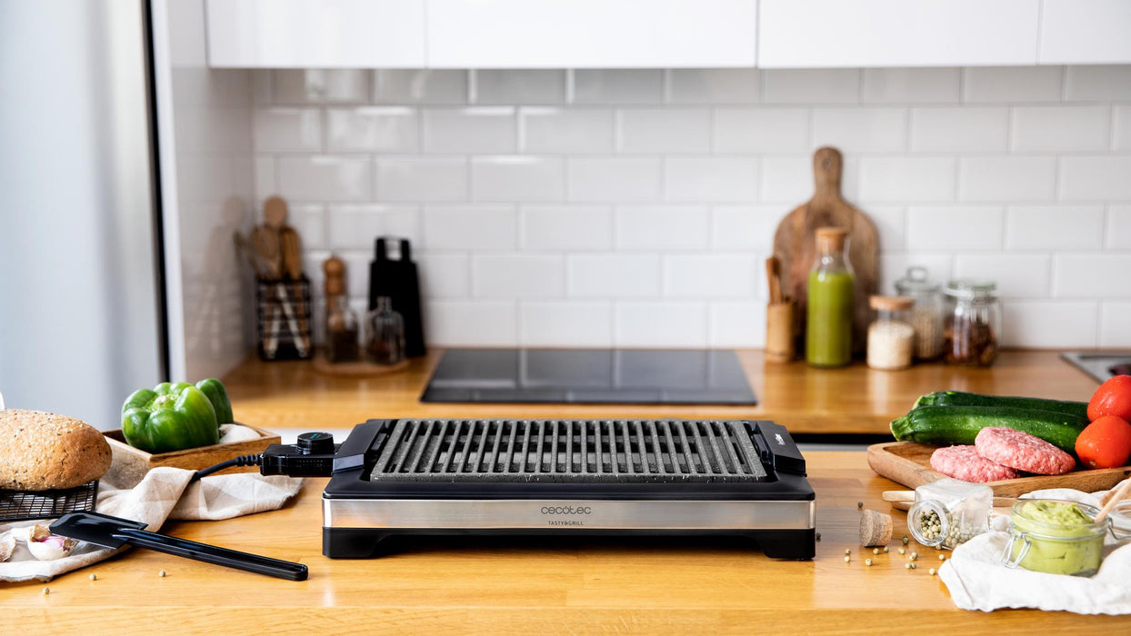 Grătar electric Cecotec Tasty&Grill 2000 Inox LineStone, 2000 W, 5 trepte, suprafață 37,5 × 24,5 cm