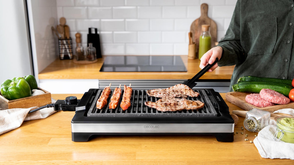 Grătar electric Cecotec Tasty&Grill 2000 Inox LineStone, 2000 W, 5 trepte, suprafață 37,5 × 24,5 cm