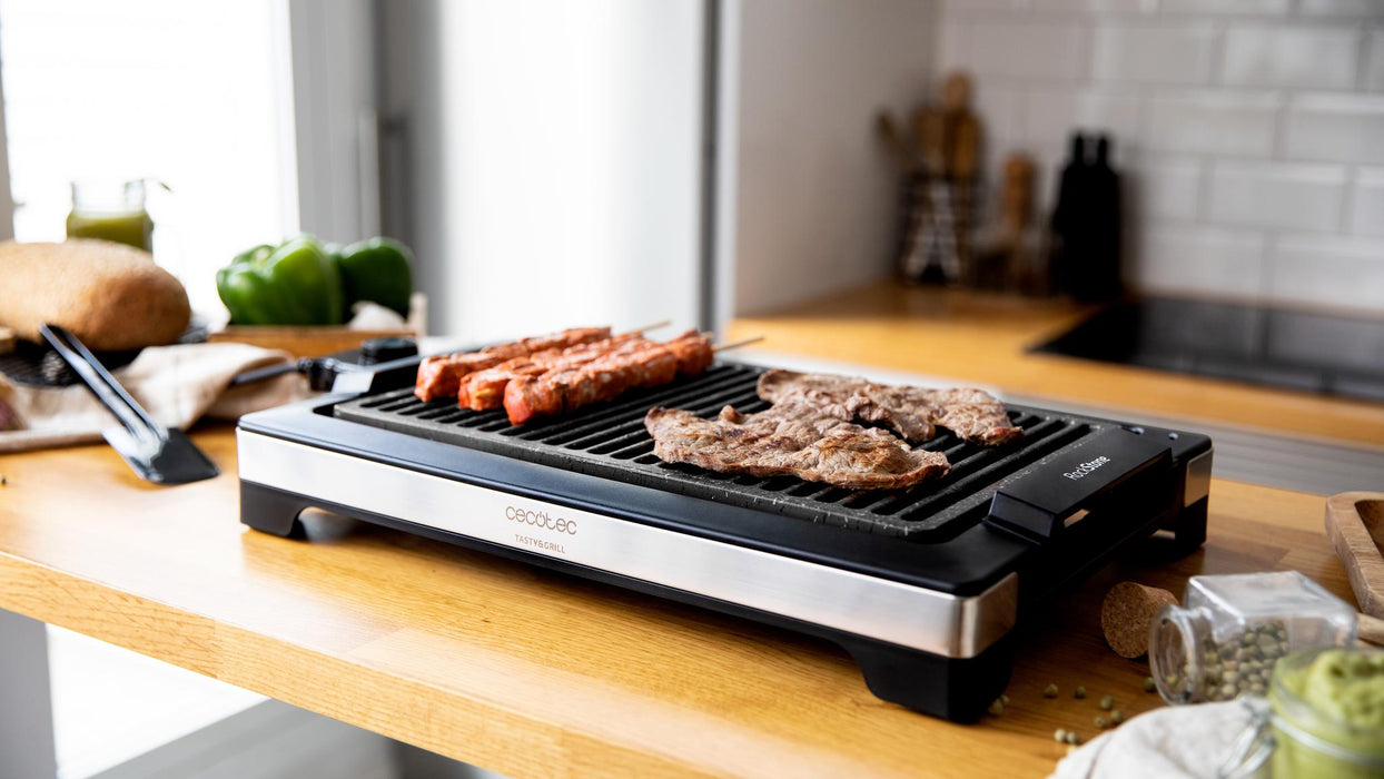Grătar electric Cecotec Tasty&Grill 2000 Inox LineStone, 2000 W, 5 trepte, suprafață 37,5 × 24,5 cm