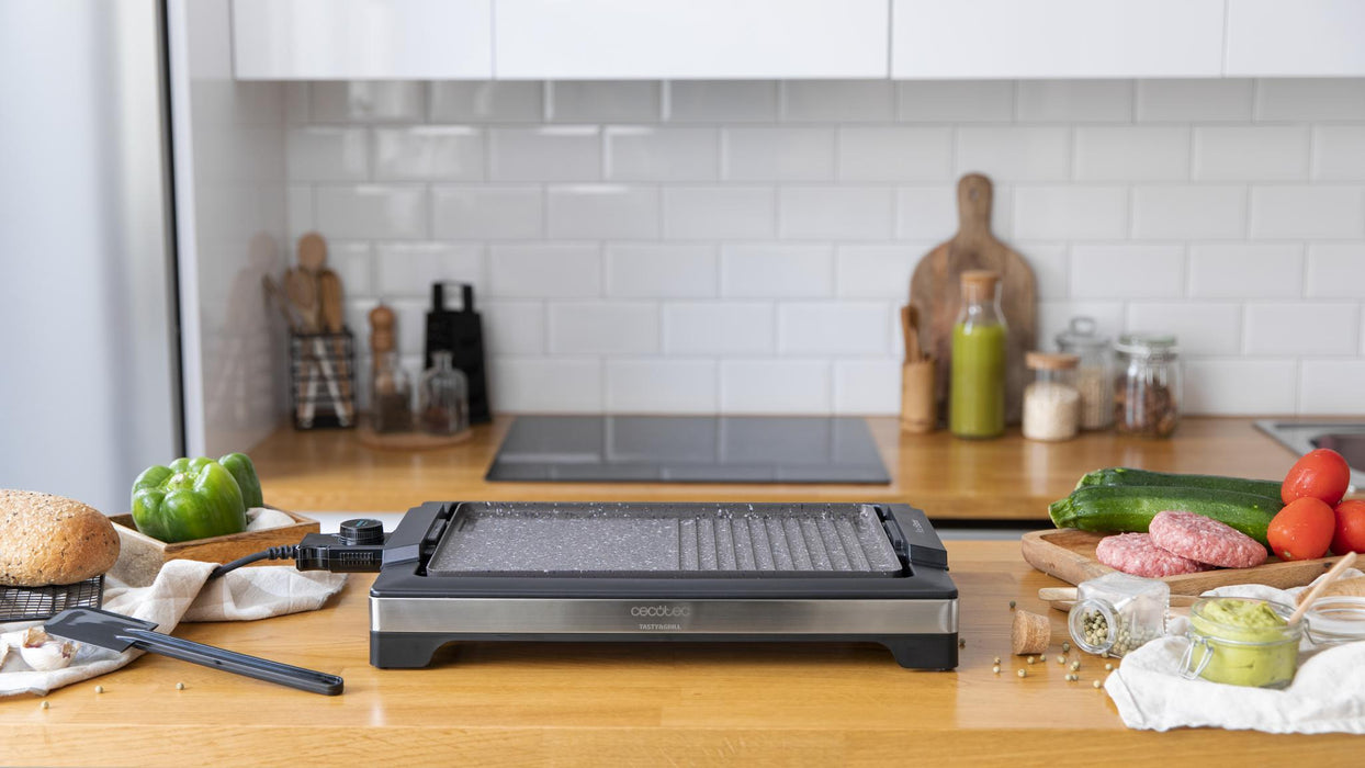 Grătar electric Cecotec Tasty&Grill 2000 Inox MixStone, 2000 W, 5 trepte, suprafață 37,5 × 24,5 cm