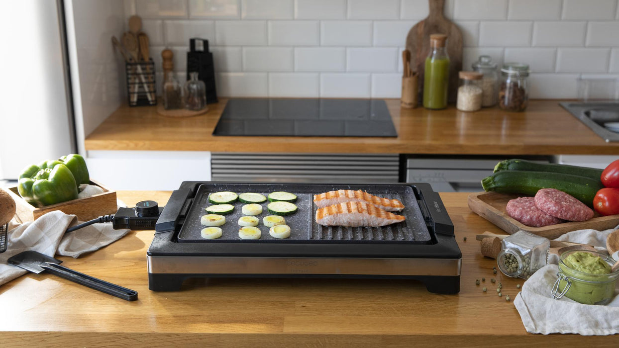 Grătar electric Cecotec Tasty&Grill 2000 Inox MixStone, 2000 W, 5 trepte, suprafață 37,5 × 24,5 cm