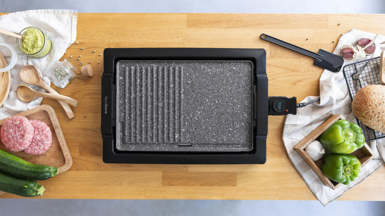 Grătar electric Cecotec Tasty&Grill 2000 Inox MixStone, 2000 W, 5 trepte, suprafață 37,5 × 24,5 cm
