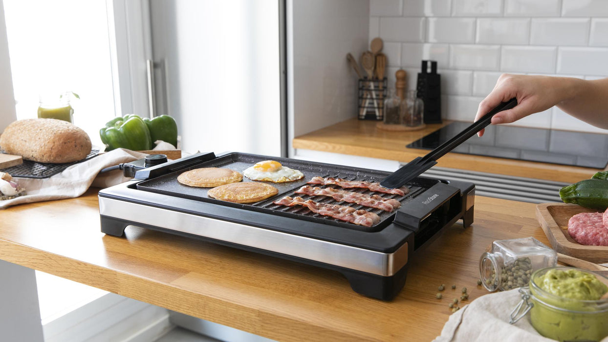 Grătar electric Cecotec Tasty&Grill 2000 Inox MixStone, 2000 W, 5 trepte, suprafață 37,5 × 24,5 cm