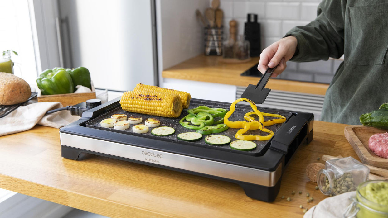 Grătar electric Cecotec Tasty&Grill 2000 Inoxstone, 2000 W, 5 trepte, 37,5 × 24,5 cm, negru