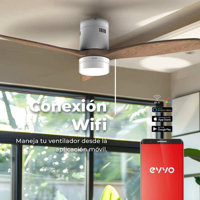Ventilator de tavan Cecotec EVVO V550 Wood Wifi, 40 W, 132 cm, 6 trepte, iluminare LED 18 W