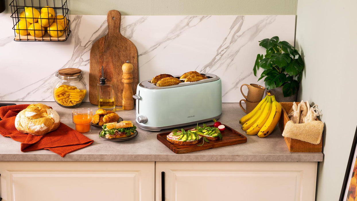 Prăjitor de pâine cu două fante lungi Cecotec Toast&Taste 1600 Retro Double Blue, 1630 W, 4 felii, 6 trepte, albastru