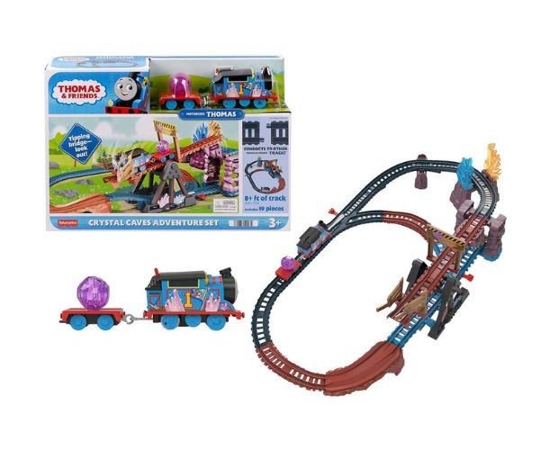Set de trenuleț motorizat Mattel Thomas Crystal Caves Adventure, 19 piese, peste 8 ft de șină, 3+ ani
