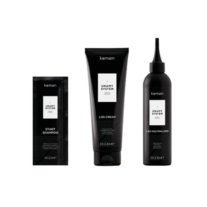 Set Kemon Unamy System Liss: șampon 20 ml + mască-cremă 250 ml + loțiune neutralizantă 250 ml