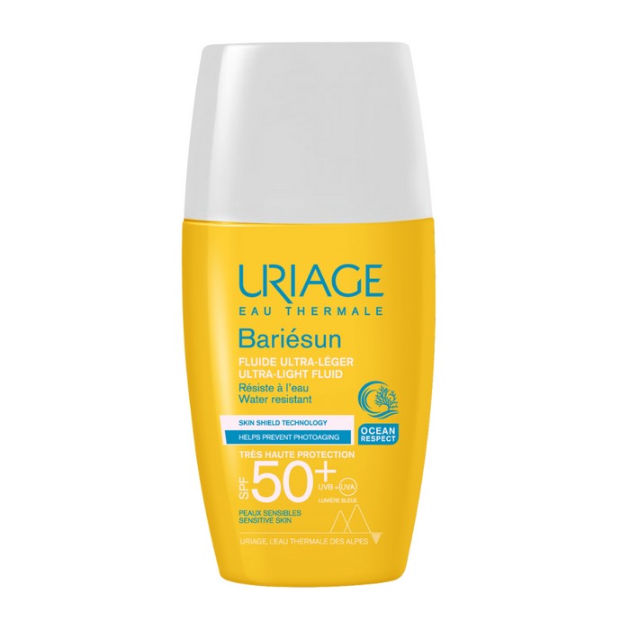 Fluid de protecție solară Uriage Bariésun, ultra-ușor, SPF 50+, pentru piele sensibilă, rezistent la apă, 30 ml