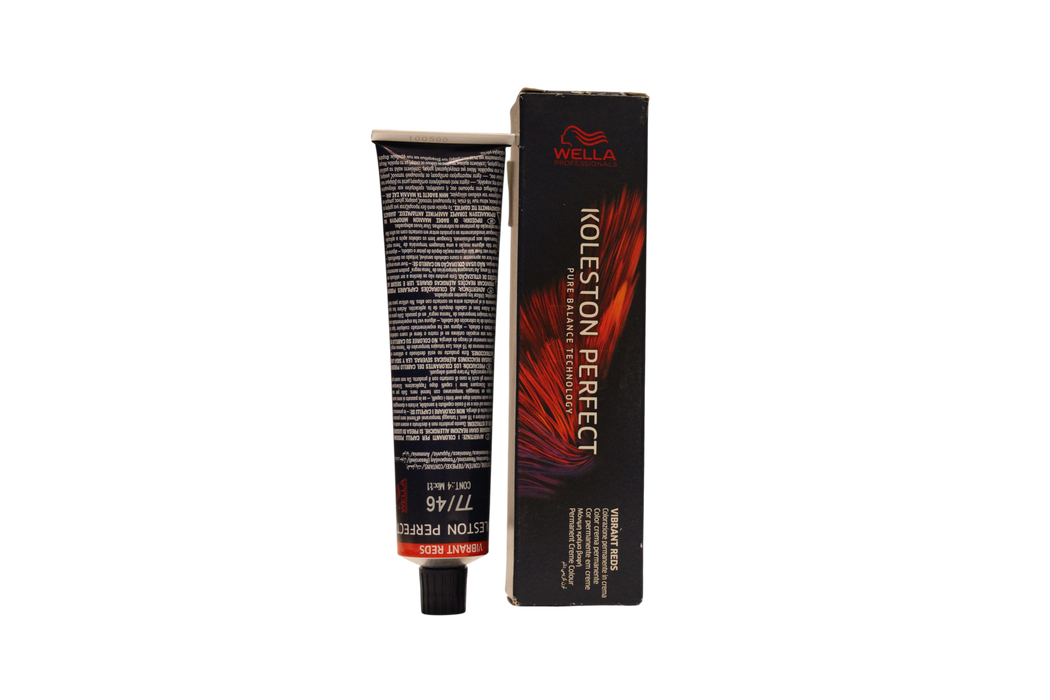 Vopsea permanentă de păr Wella Professionals Koleston Perfect, nuanța 77/46 Medium Blonde Intense Red Violet, 60 ml, tester