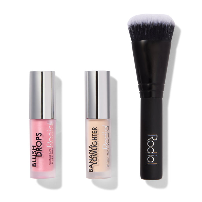 Set fard de obraz lichid Rodial Blush Drops + iluminator lichid Banana Lowlighter + pensulă mini pentru fond de ten, Frosted Pink, 15 ml + 1,6 ml